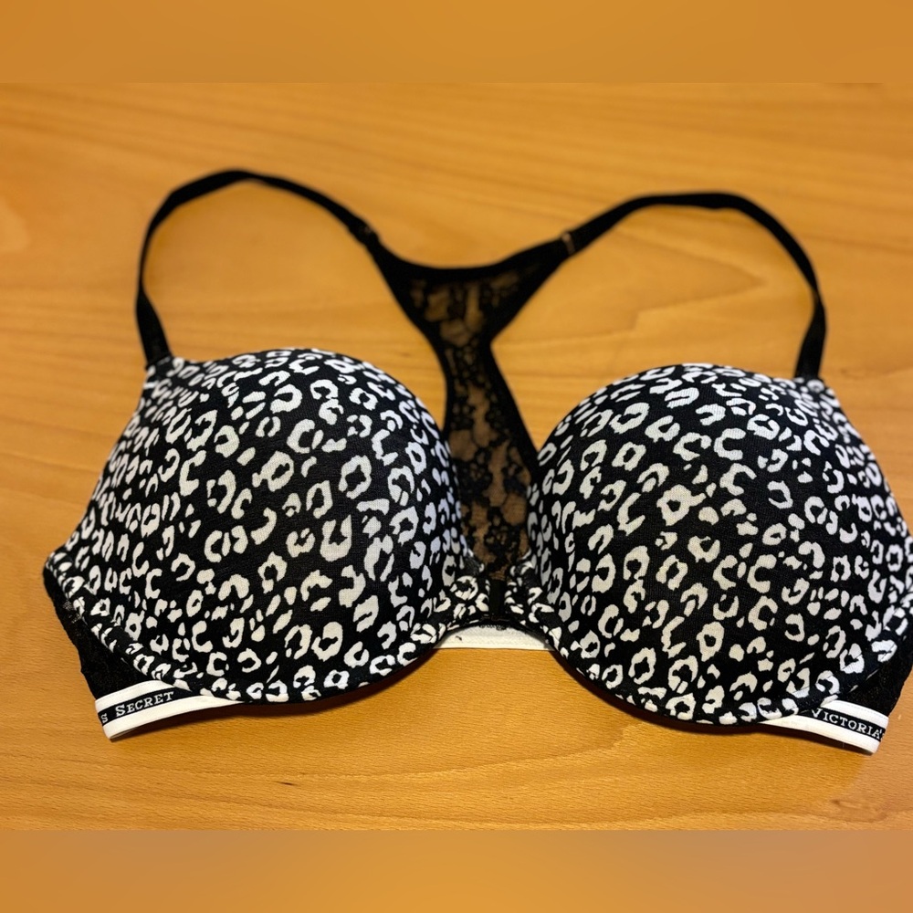 Victoria's Secret Black and White Leopard Print Bra - front close 38C